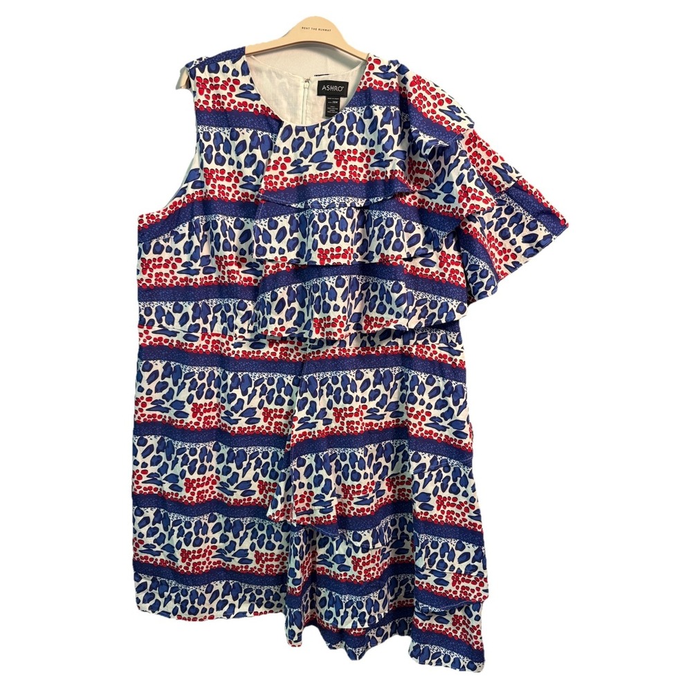 ASHRO 26W One Shoulder Ruffle Dress Blue Red White Cotton Plus Size Resortwear
